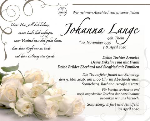 Traueranzeige Johanna Lange
