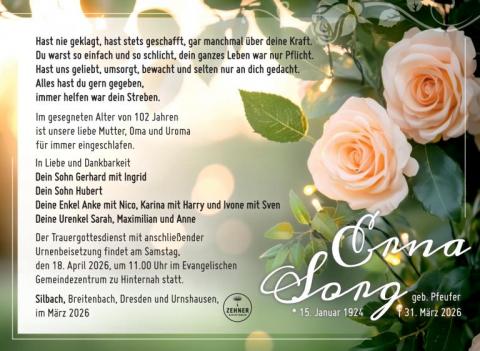 Traueranzeige Erna Sorg