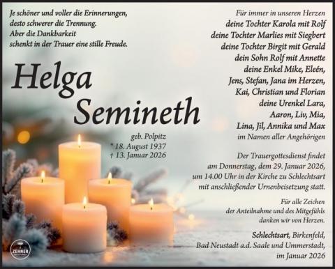 Traueranzeige Helga Semineth