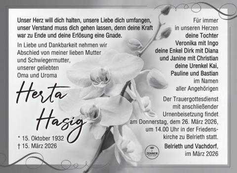 Traueranzeige Herta Hasig