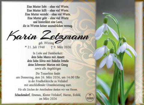 Traueranzeige Karin Zetzmann