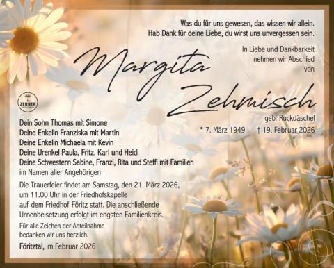Traueranzeige Margita Zehmisch