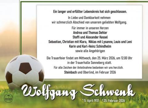 Traueranzeige Wolfgang Schwenk