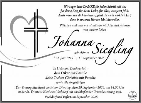 Traueranzeige Johanna Siegling