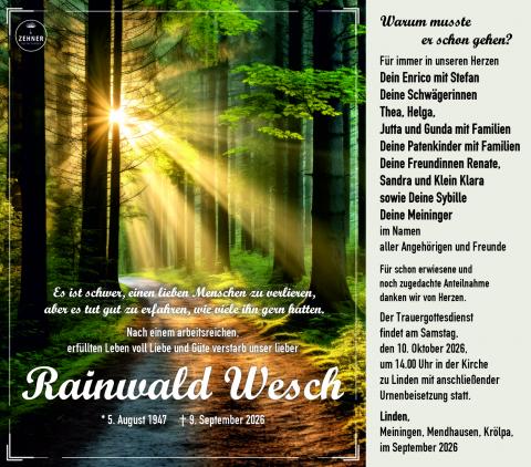 Traueranzeige Rainwald Wesch